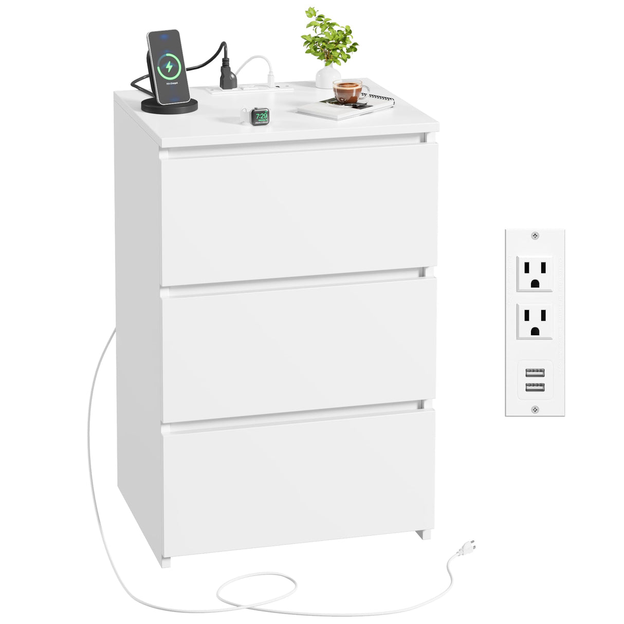 FOTOSOK White Nightstand, 26" H White Night Stand with Charging Station, White Nightstand with USB Ports & Power Outlets, Silent Slides, Wooden End Side Table Bedside Table with 3 Drawers for Bedroom FOTOSOK