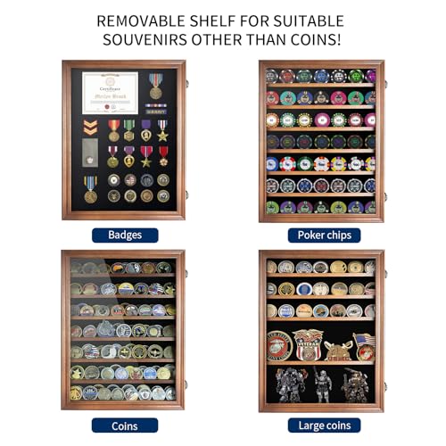 DecoWoodo 7 Rows Challenge Coin Display Case - Holds 100 Coins, Solid Wood Military Coin Holder Display Cabinet with HD Glass, Wall Mountable Shadow DecoWoodo
