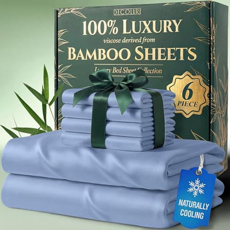 DECOLURE 100% Viscose Derived from Bamboo Sheets King Size - Luxury 6 Pc Naturally Cooling Sheets, Ultra Soft Bed Set - Deep 17" Pockets, Durable Double Stitching, Oeko Tex Standard (Light Blue) DECOLURE