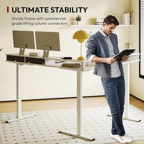SANODESK 71" L Shaped Standing Desk with 4 Drawers, Height Adjustable Stand up Desk, Corner Gaming Desk with Monitor Stand, White Frame/White Top SANODESK