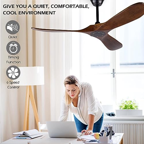 Solid Wood Ceiling Fans Without Light, 52 Inch Real Wood Ceiling Fan with Remote Control and 3 blade, Natural Wood Ceiling Fan Waterproof, Indoor Outdoor Ceiling Fans for Patio, Bedroom, Livi - WoodArtSupply