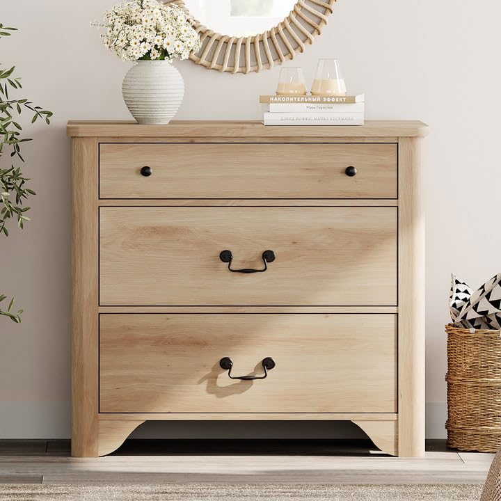 WAMPAT 3 Drawer Dresser for Bedroom, 31.5" Farmhouse Dresser, Kids Dressers for Nursery with Wide Chest of Drawers for Bedroom, Living Room, Oak WAMPAT