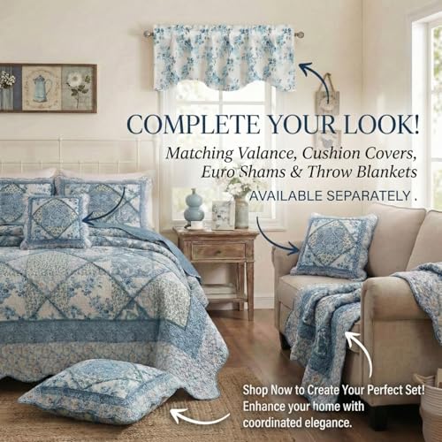 Tache Blue Patchwork Quilt Set - Petal Dance - Cotton Floral Bedspread Set - 2 Pieces - Twin Tache Home Fashion