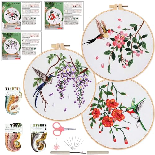 Ohcol 3 Sets Hummingbird Embroidery Kit for Beginners Needlepoint Kits for Adults Cross Stitch Kits with Clear Instructions,Easy Funny Stamped Bird Patterns Fabric Hand Crafts