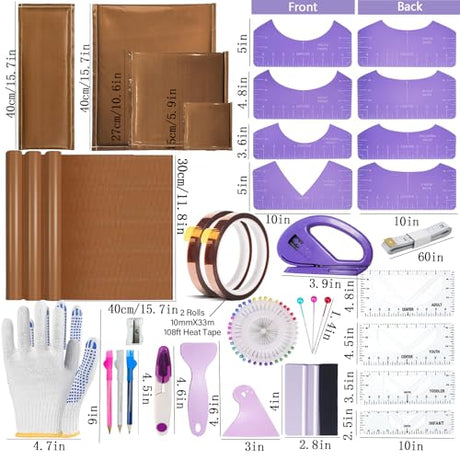 QUKLOGEN Heat Press Pillow Bundle Tools Kit Include 4 Heat Pressing Transfer Pillow Mat 3 Pack Teflon Sheet for Heat Press 2 Rolls Heat Resistant Tape 12 Different Size T Shirt Guide Ruler QUKLOGEN