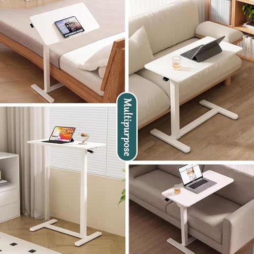 Mobile Standing Desk Adjustable Overbed Table, Pneumatic Height Adjustable Rolling Laptop Desk with Hidden Wheels, 0-180°Tilt Top Rolling Computer Cart Foldable for Home Office, Craft & Study, White Simple Deluxe
