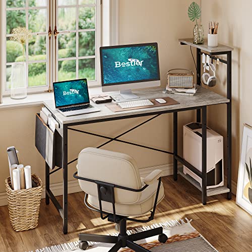 Bestier Gaming Desk with LED Lights, Computer Desk with 4 Tiers Reversible Shelves, 51.3 Inch Home Office Writing Desk with Side Storage Bag, Hooks and Height Adjustable Shelf (Retro Grey Oak)