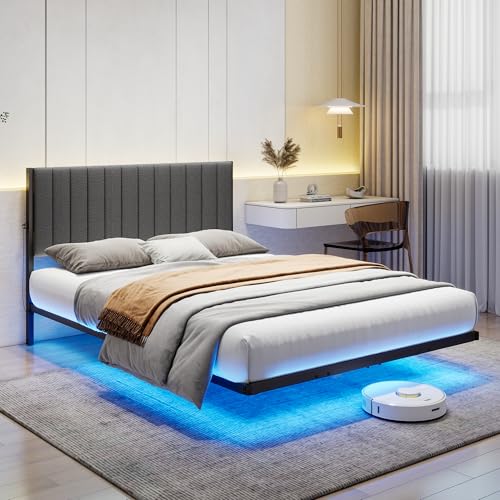 ARFARLY Floating Bed Frame Full Size with LED Lights and Charging Station, Full Size Bed Frame with Upholstered Headboard, Metal Platform Bed Frame Full with Under Bed Storage, No Box Spring Needed ARFARLY
