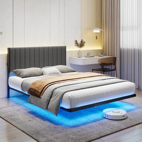 ARFARLY Floating Bed Frame Full Size with LED Lights and Charging Station, Full Size Bed Frame with Upholstered Headboard, Metal Platform Bed Frame Full with Under Bed Storage, No Box Spring Needed ARFARLY