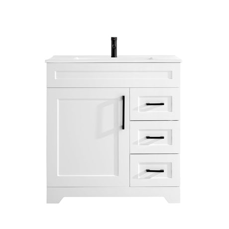 BUPWHEK 30” Luxurious Bathroom Vanity with Ceramic Sink Combo, White Bathroom Cabinet with 1 Soft Closing Door & 3 Full Extension Drawers, Faucet and Pop Up Drain Included BUPWHEK