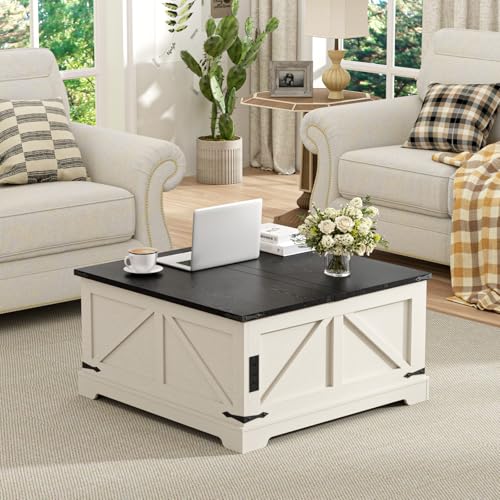 FiveWillowise Farmhouse Lift Top Coffee Table with Large Hidden Storage Compartment, 31.5" W Wood Square Center Table with Charging Station, Rustic Cocktail Table for Living Room, Home Office, White FiveWillowise