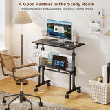 Height Adjustable Standing Desk With Storage, Small Stand Up Desk With wheels, Portable Rolling Desk for Home Office, Mobile Sit Stand Desk for Small Spaces, For Walking Pad Treadmill, Black Huxitocan