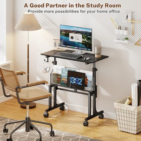 Height Adjustable Standing Desk With Storage, Small Stand Up Desk With wheels, Portable Rolling Desk for Home Office, Mobile Sit Stand Desk for Small Spaces, For Walking Pad Treadmill, Black Huxitocan