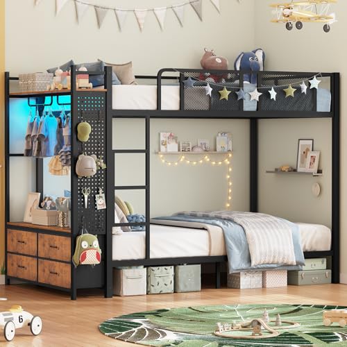 Itaar Metal Bunk Bed Twin Over Twin with Hall Tree, Power Outlet, LED Bunk Bed with 4 Storage Drawers, Bed with Safety Guardrail & Ladders, No Box Spring Needed, Easy Assembly, Rustic Brown Itaar