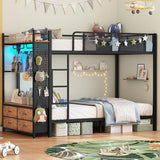Itaar Metal Bunk Bed Twin Over Twin with Hall Tree, Power Outlet, LED Bunk Bed with 4 Storage Drawers, Bed with Safety Guardrail & Ladders, No Box Spring Needed, Easy Assembly, Rustic Brown Itaar