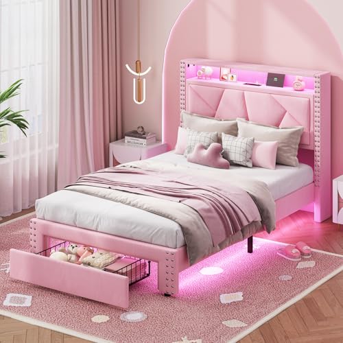 MSmask Twin Bed Frames with LED Lights, Storage Headboard with Charging Station, Drawers, Upholstered Bed Twin Size with Solid Wood Slat, No Box Spring Needed, Easy Assembly, Pink MSmask