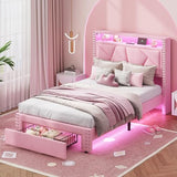 MSmask Twin Bed Frames with LED Lights, Storage Headboard with Charging Station, Drawers, Upholstered Bed Twin Size with Solid Wood Slat, No Box Spring Needed, Easy Assembly, Pink MSmask