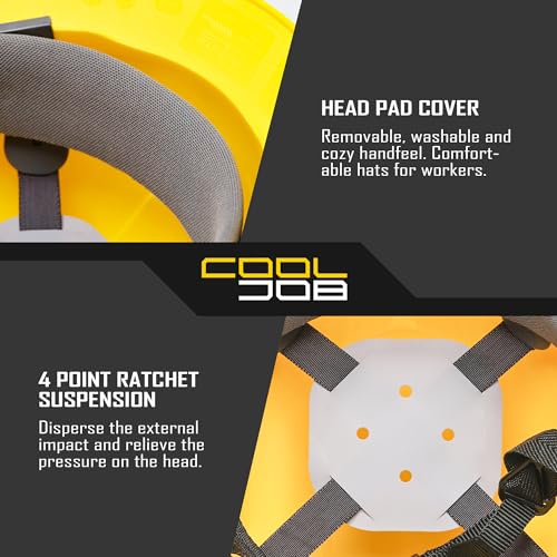 COOLJOB Full Brim Hard Hat, OSHA Construction Work Approved, HDPE Safety Helmet with 4 Point Adjustable Ratchet Suspension, Class E, G & C, Yellow COOLJOB