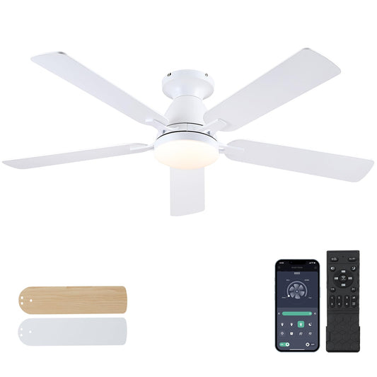 Ceiling Fans with Lights- 52" Low Profile Indoor Ceiling Fan with Light and Remote/APP Control, Flush Mount, LED Dimmable DC Reversible Modern Ceiling Fan for Bedroom（White）