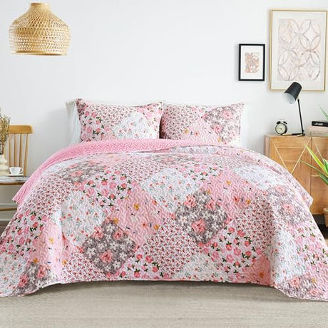 Whale Flotilla Patchwork Quilt King Size, Extra Soft Boho Floral Bedspreads for Bed Reversible Lightweight King Quilt Bedding Set Printed Coverlets with 2 Pillow Shams for All Seasons, Pink Whale Flotilla