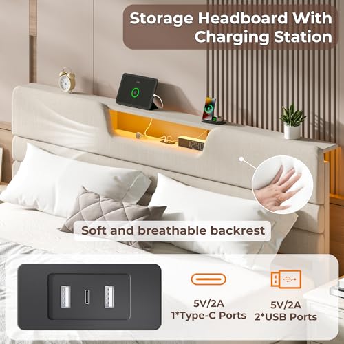 OURPIC King Size Bed Frames with Upholstered Headboard, Modern Platform Bed with Charging Station and Led Lights, Bed Frame with Sturdy Wooden Slats/No Box Spring Needed/2-Tier Storage, Beige OURPIC