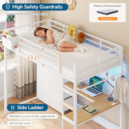 Twin Loft Bed with L-Shaped Desk, 7 Storage Drawers, Metal Loft Bed Twin Size with LED Lights and Charging Station, Storage Shelf and Pegboard, Safety Guardrail and Ladder, No Box Spring Needed, White mojiasion