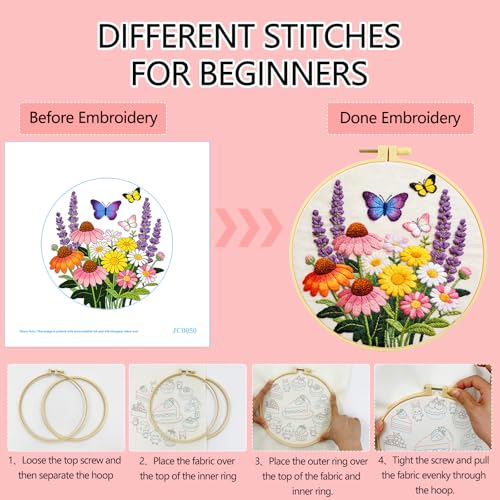 Zhenqing Flower Garden Embroidery Kit for Beginners, Pre-Printed 29x29cm Circular Cotton Fabric with 20cm Hoop, Vibrant Design with Butterflies and Lavender(JC0050