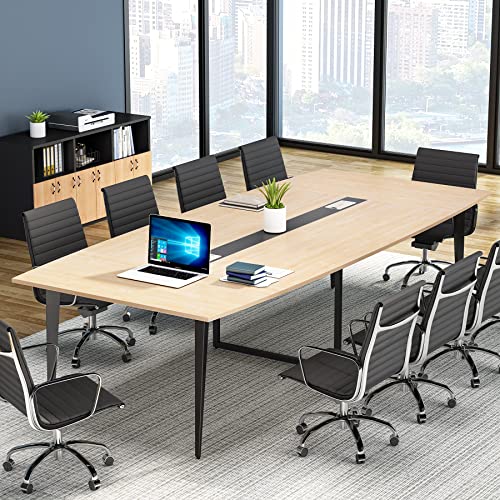 LITTLE TREE 8FT Conference Room Table, 94.48L x 47.21W x 29.52H Boat Shaped Meeting Table, Light Walnut LITTLE TREE