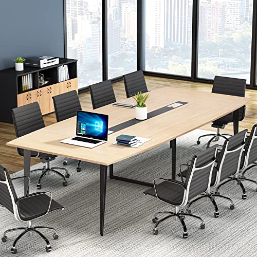 LITTLE TREE 8FT Conference Room Table, 94.48L x 47.21W x 29.52H Boat Shaped Meeting Table, Light Walnut - WoodArtSupply