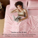 BEDELITE Satin Sheets Queen Size, Luxury Jacquard Striped Pink Bedsheets Set with Elastic Corner Straps, Similar to Silk Sheets Set 4 PC with 1 Deep Pocket Fitted Sheet, 1 Flat Sheet, & 2 Pillowcases BEDELITE