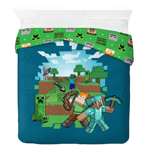 Jay Franco Kids Duvet Cover Set – 3 Piece Super Soft Bedding with Sham Pillowcase, Cover ONLY Comforter Not Included, Blue - Minecraft, Full Jay Franco