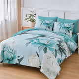Dobuyly Floral Comforter Set Queen Size 7 Piece Bed in a Bag, Aqua Flowers Printed on Light Blue Comforter Set with Sheets, Soft Polyester Botanical Complete Bedding Set for All Season Dobuyly