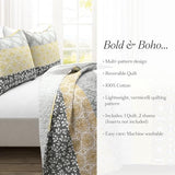 Lush Decor Bohemian Stripe Reversible Cotton Quilt Set, 3 Piece Set, Full/ Queen, Yellow & Gray - Striped Bedding Set - Yellow Quilts Queen Size - Boho Decor Lush Decor