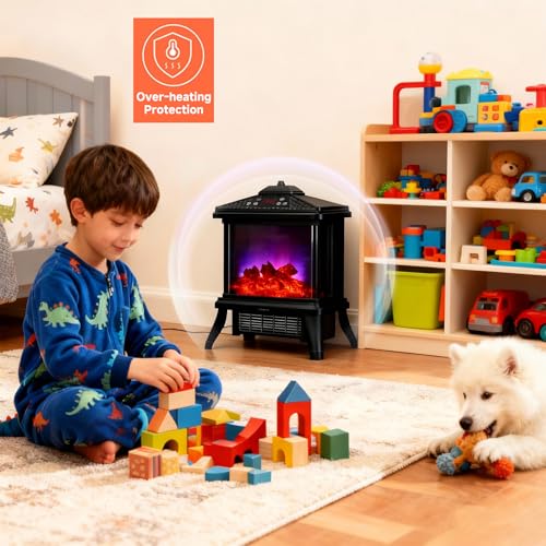 18-inch Freestanding Electric Fireplace, Equipped with 1500W/1650W Electric Wood Fireplace Flame Effect, Featuring Realistic Flames, 3-Second Quick Heating, Remote Control, and Adjustable Lighting SheerAIRE