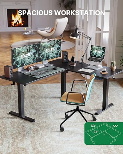 Marsail 63×55 in Electric Corner L-Shaped Standing Desk with 4-in 1 Electical Outlet, Computer Desk with Headphone Hook, Memory Sit Stand up Home Office Table, Ergonomic Gaming Table,Black Marsail
