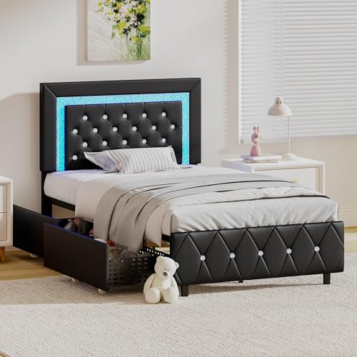 BarnFurin Twin Bed Frames with LED Lights and Storage Drawers, Upholstered Bed Frame with Diamond Headboard, Faux Leather Modern Platform Bed, Wooden Slats Support, No Box Spring Needed, Black BarnFurin