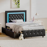 BarnFurin Twin Bed Frames with LED Lights and Storage Drawers, Upholstered Bed Frame with Diamond Headboard, Faux Leather Modern Platform Bed, Wooden Slats Support, No Box Spring Needed, Black BarnFurin