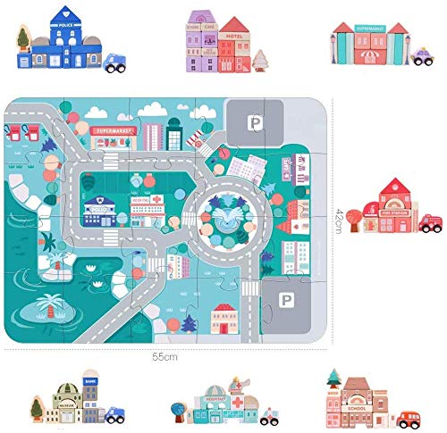 Wooden Building Blocks Set, City Construction Stacker Stacking Preschool Learning Educational Toys, Toddler Toys for 3+ Year Old Boy and Girl Gifts Migargle