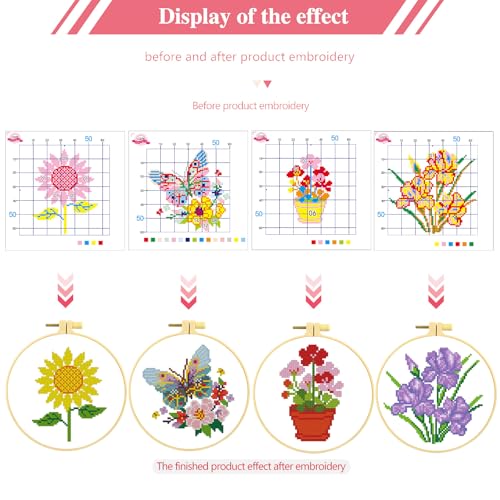 Zhenqing 4-Pack Floral Cross Stitch Kits – 11CT 20x20cm Aida Cloth with Iris, Sunflower & Butterfly Designs – Vibrant Home Decor Embroidery Set（68157）