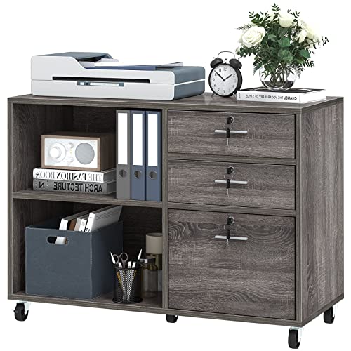 YITAHOME Wood File Cabinet, 3 Drawer Mobile Lateral Filing Cabinet, Storage Cabinet Printer Stand with 2 Open Shelves for Home Office - WoodArtSupply