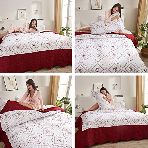 Oliven 3 Pcs Embroidered Quilt Full/Queen Size Floral Bedspread Soft Breathable Flower Coverlet Burgundy White Bed Cover Embroidered Bedding Christmas Bed Home Decor Oliven