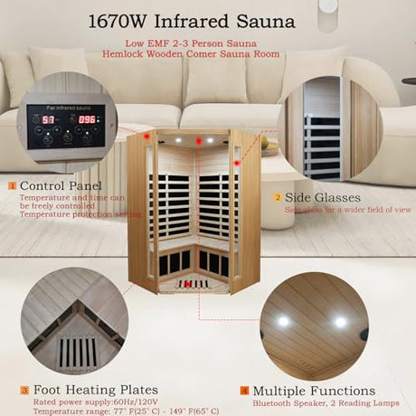 LTCCDSS 2-3 Person Infrared Sauna, Far Infrared Saunas for Home Low EMF Indoor Home Sauna Spa with Tempered Glass Door, Hemlock Wooden Corner Sauna Room,1670W/120V, Bluetooth Speaker, 2 Reading Lamps LTCCDSS