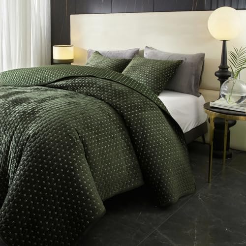 Velvet Quilt King Size, Oversized Bedspread Quilted Bedding Set, Luxurious Soft Coverlet Set Lightweight Velvet Comforter for All Season with 2 Pillow Shams, 96x106" Army Green Striped Quilt Set Powdion