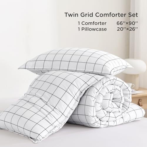 Andency Twin Comforter Set, White Gingham Plaid Grid Checkered Twin Bed Comforter Set for Dorm Boys Girls Teens Kids, 2 Pieces Lightweight Reversible Preppy Bedding Sets(66x90 Inch) Andency