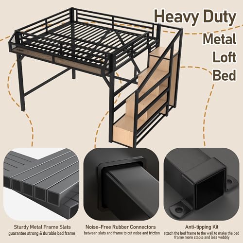 Bellemave Queen Loft Bed Frame with Storage Stairs, Beside Shelf & Wardrobe, Metal Queen Size Loft Bed with USB Ports&LED Light, Large Under-Bed Space Loft Beds for Adults,Teens, Kids, Black Natural Bellemave