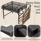 Bellemave Queen Loft Bed Frame with Storage Stairs, Beside Shelf & Wardrobe, Metal Queen Size Loft Bed with USB Ports&LED Light, Large Under-Bed Space Loft Beds for Adults,Teens, Kids, Black Natural Bellemave