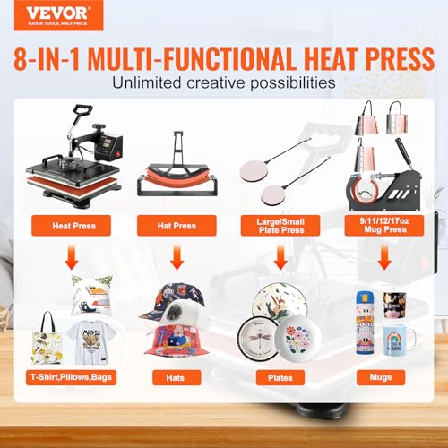 VEVOR 8 in 1 Heat Press Machine Combo, 360° Swing Away Tshirt Press Machine for Printing Hat Mug T Shirts Cap, 12x15 Digital Multifunctional Sublimation Heat Transfer Machine VEVOR
