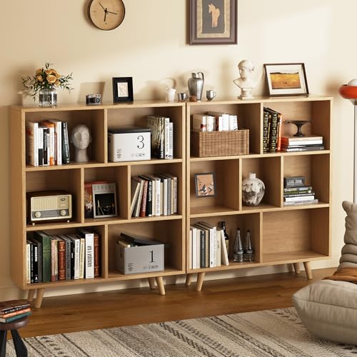 Shintenchi Wooden 7 Cube Bookshelf, 3 Tier Bookcase with Legs, Modern Open Storage Organizer Shelf,Display Cabinet Shelf Free Standing Bookshelves for Bedroom,Living Room,Office,Natural Shintenchi