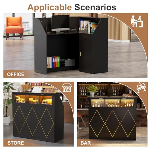 PAKASEPT Reception Desk with LED Lights, L-Shaped Modern Front Desk with Glass Display Shelf, Reception Counter Table for Lobbies, Salons, Retail, Home Offices (Black) PAKASEPT