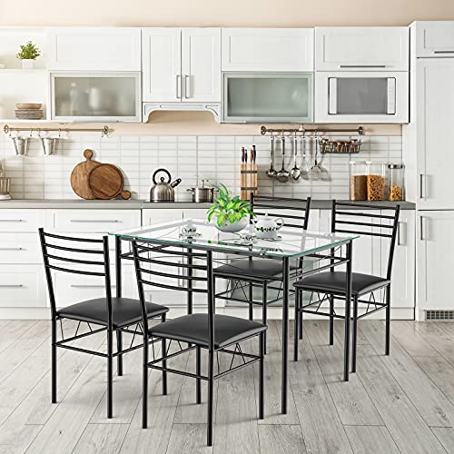 Tangkula Dining Table Set, 5 Pieces Dining Set with Tempered Glass Top Table and 4 Chairs, Kitchen Dining Room Furniture, Black Tangkula